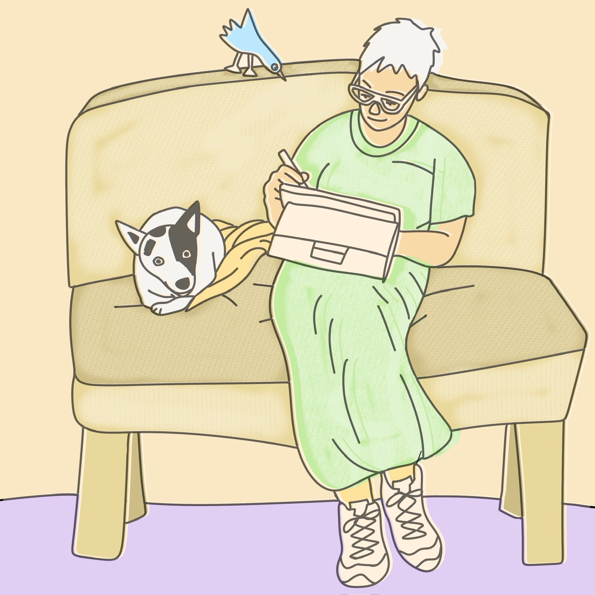 Vicky Platt drawing in a notebook on the Studio sofa, with Albert beside her and a small blue bird on the backrest.